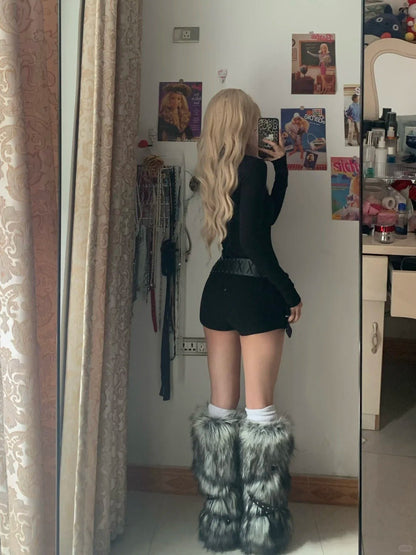 Black Turtleneck Long Sleeve Top and Decorative Mini Denim Shorts Y2K Two Piece Sets - tutufox - 