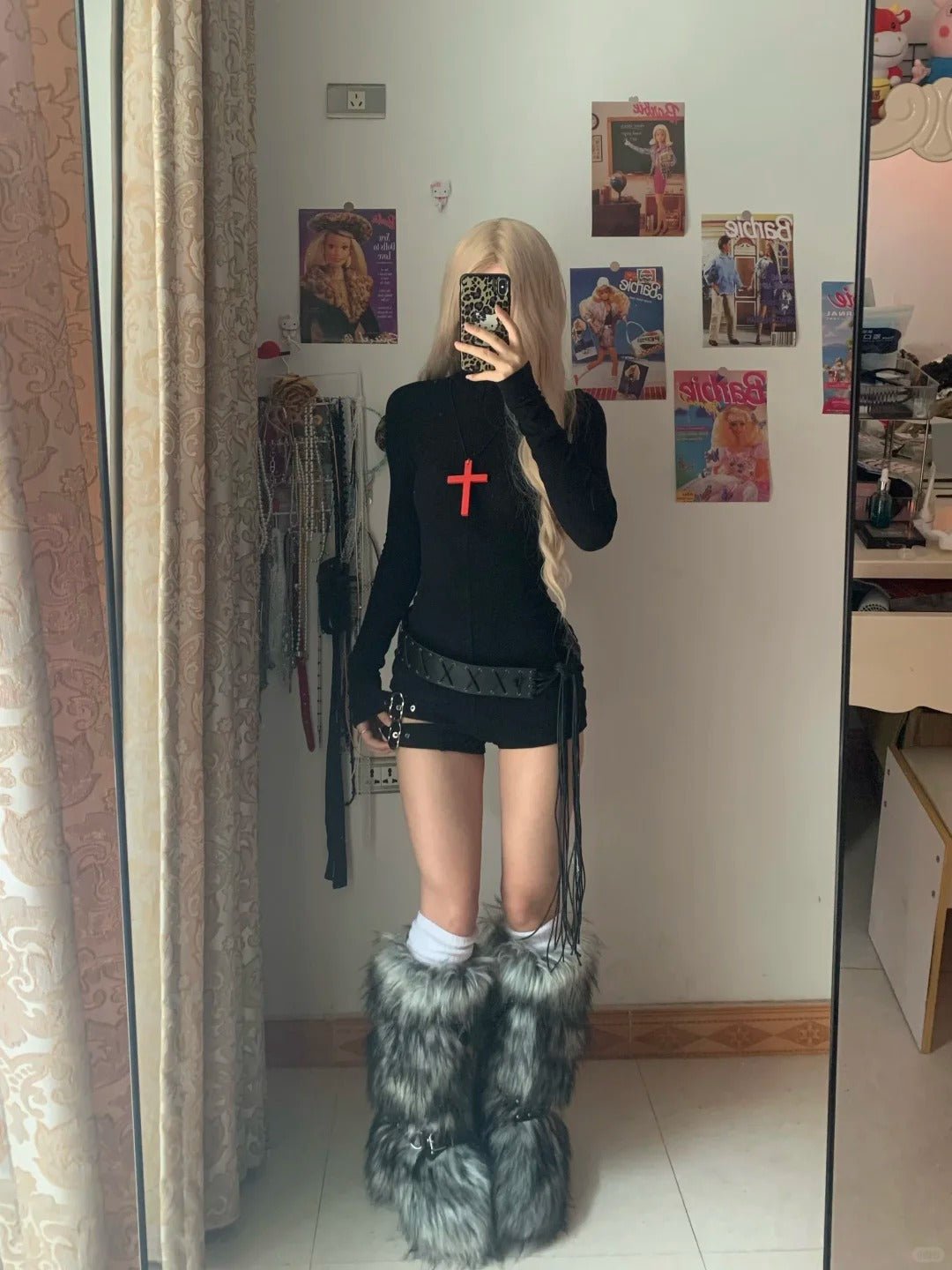 Black Turtleneck Long Sleeve Top and Decorative Mini Denim Shorts Y2K Two Piece Sets - tutufox - 