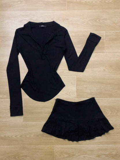 Black V - Neck Long Sleeve And Black Pleated Skirt Y2K Two Pieces Sets - tutufox - 