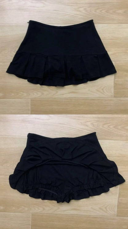 Black V - Neck Long Sleeve And Black Pleated Skirt Y2K Two Pieces Sets - tutufox - 