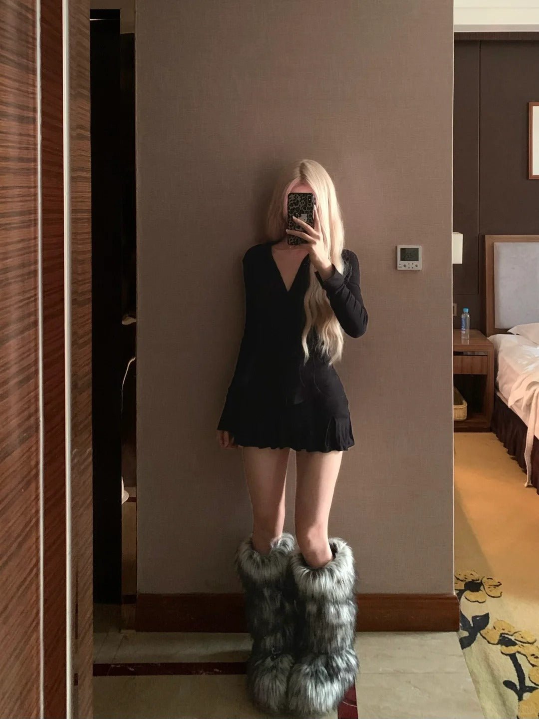 Black V - Neck Long Sleeve And Black Pleated Skirt Y2K Two Pieces Sets - tutufox - 