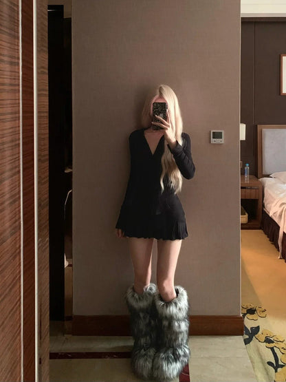 Black V - Neck Long Sleeve And Black Pleated Skirt Y2K Two Pieces Sets - tutufox - 