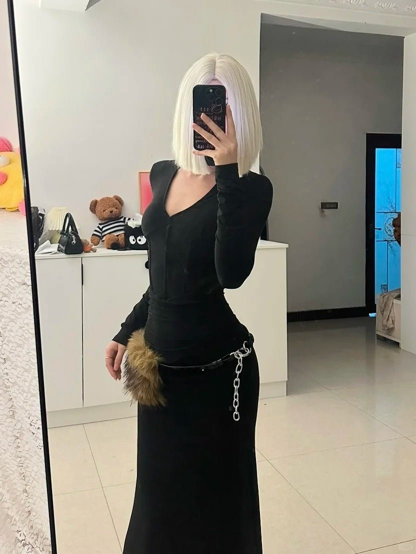 Black V - Neck Long Sleeve Dress Y2K Minimal - tutufox - 