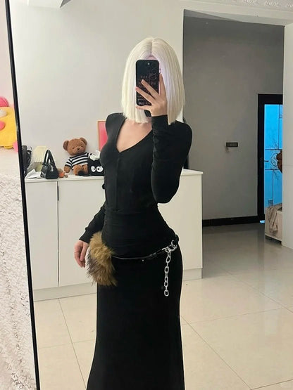 Black V - Neck Long Sleeve Dress Y2K Minimal - tutufox - 