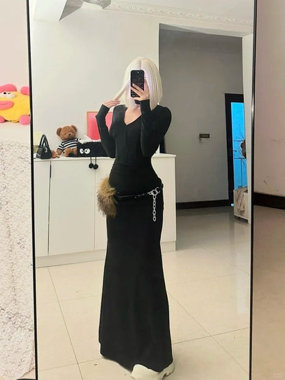 Black V - Neck Long Sleeve Dress Y2K Minimal - tutufox - 