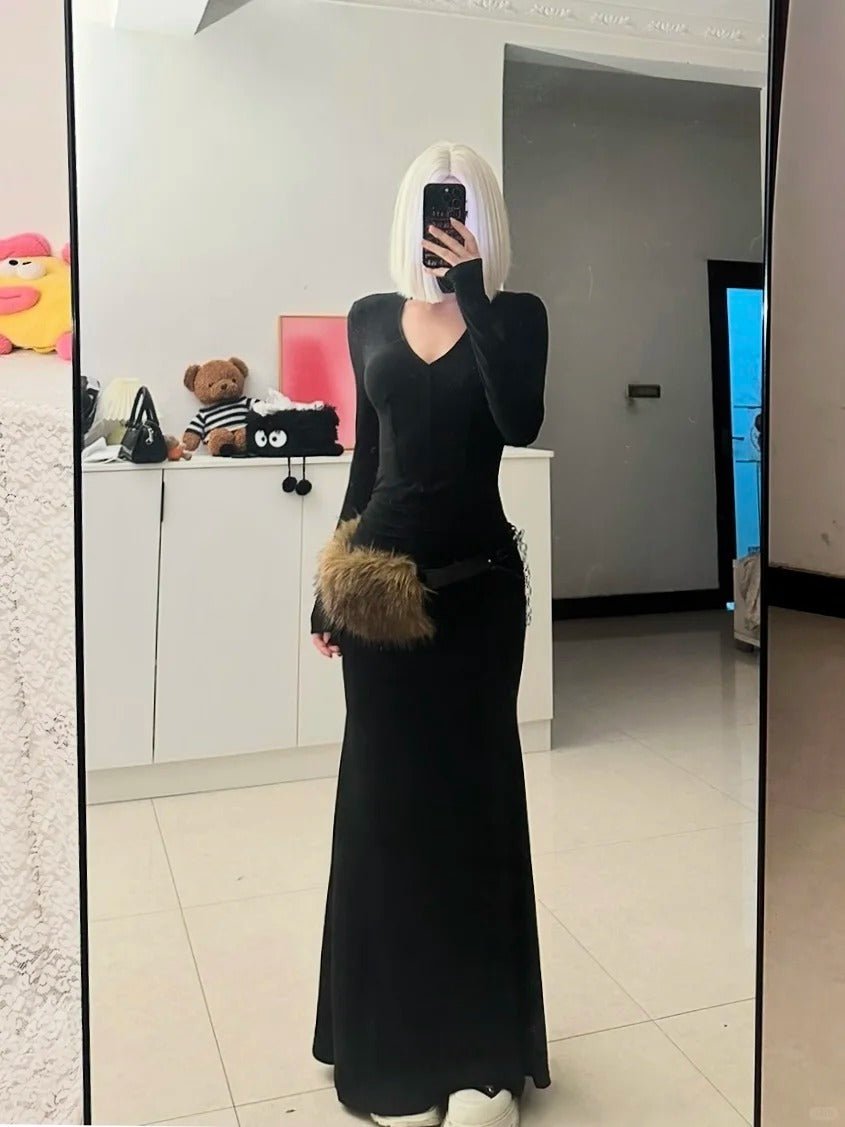 Black V - Neck Long Sleeve Dress Y2K Minimal - tutufox - 