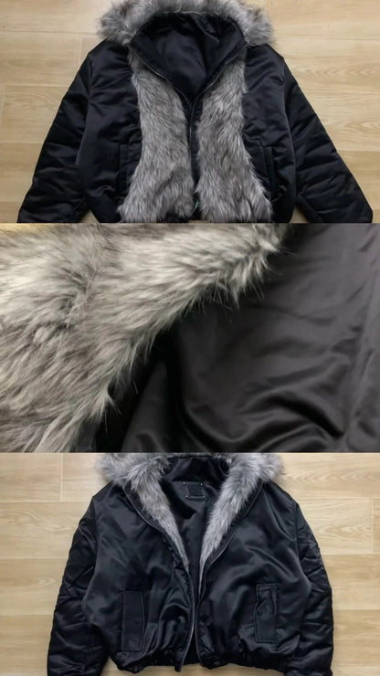 Black V - Neck Top and Shorts with Fur Collar Coat Y2K Outfit - tutufox - 