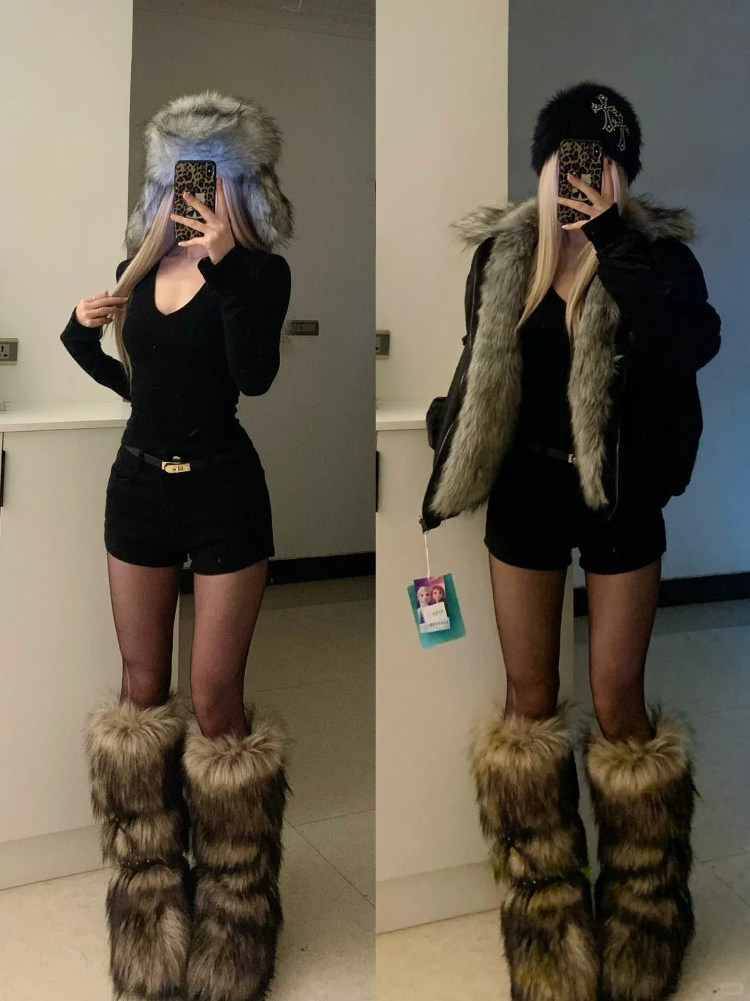 Black V - Neck Top and Shorts with Fur Collar Coat Y2K Outfit - tutufox - 