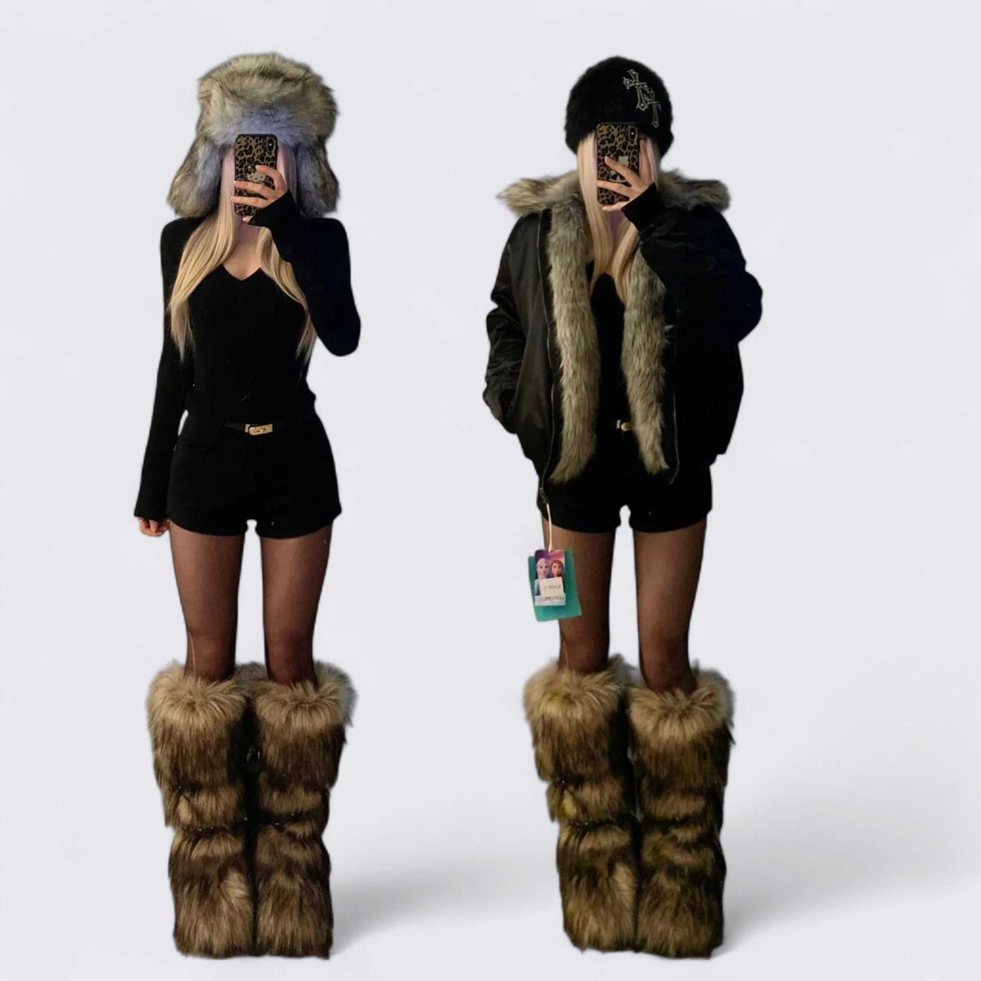 Black V - Neck Top and Shorts with Fur Collar Coat Y2K Outfit - tutufox - 