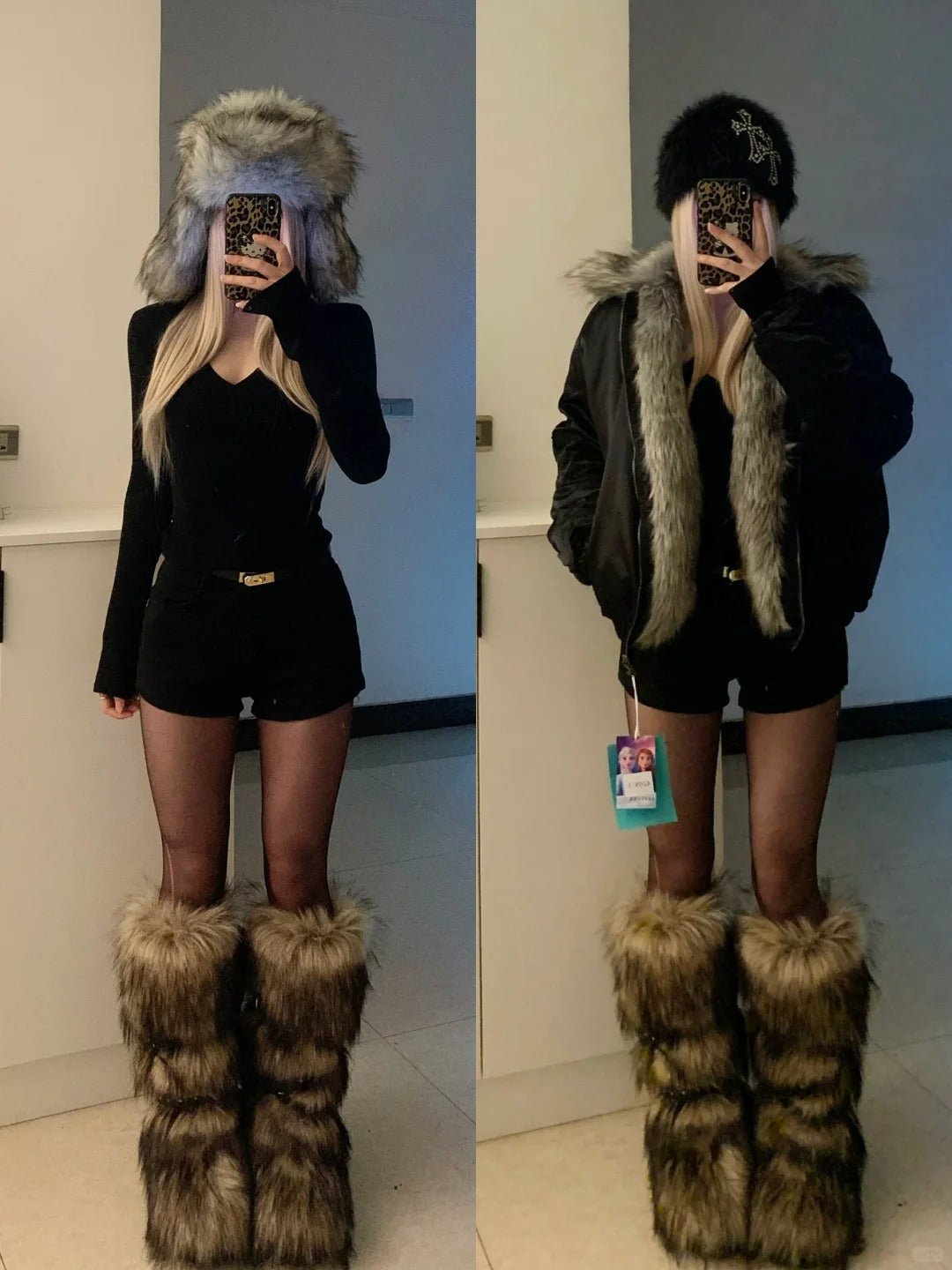 Black V - Neck Top and Shorts with Fur Collar Coat Y2K Outfit - tutufox - 
