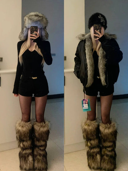 Black V - Neck Top and Shorts with Fur Collar Coat Y2K Outfit - tutufox - 