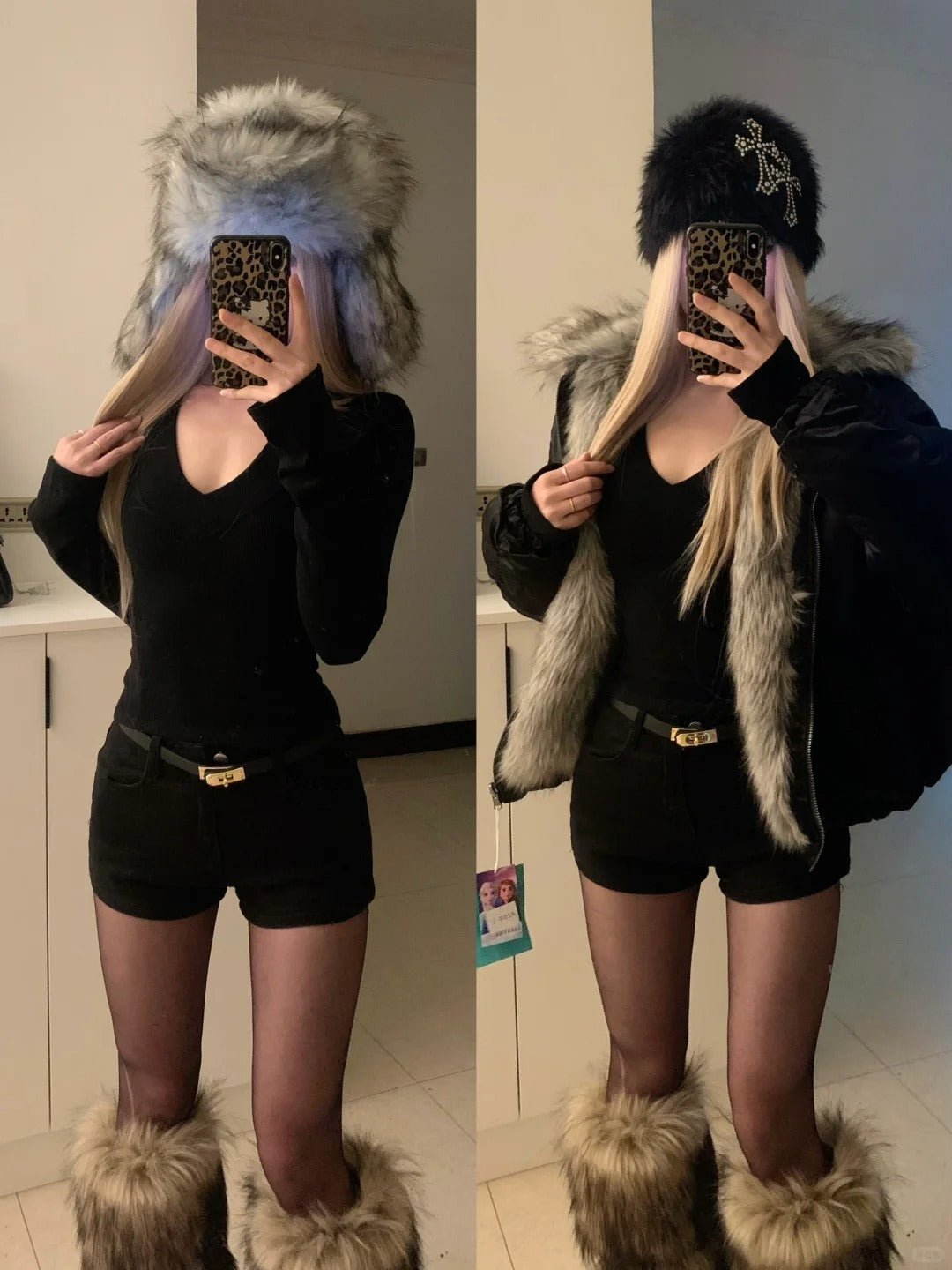 Black V - Neck Top and Shorts with Fur Collar Coat Y2K Outfit - tutufox - 
