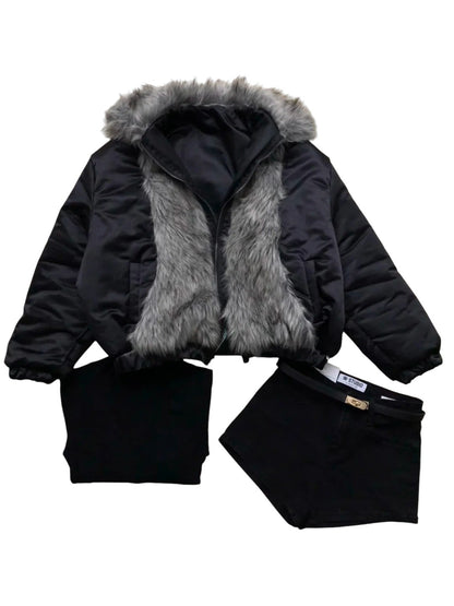 Black V - Neck Top and Shorts with Fur Collar Coat Y2K Outfit - tutufox - 