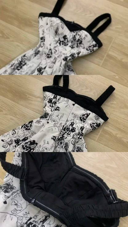 Black White Floral Bustier Midi Dress with Black Long Sleeve Inner Y2K Dress - tutufox - 