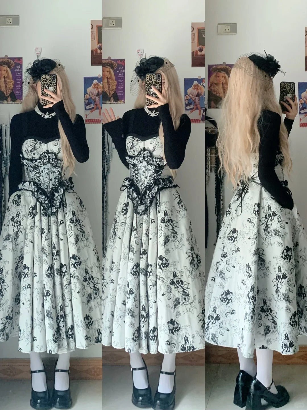 Black White Floral Bustier Midi Dress with Black Long Sleeve Inner Y2K Dress - tutufox - 