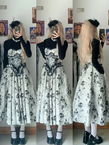 Black White Floral Bustier Midi Dress with Black Long Sleeve Inner Y2K Dress - tutufox - 