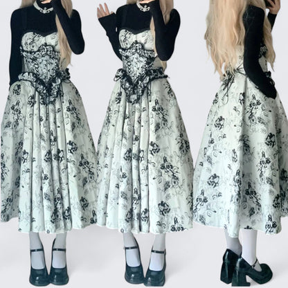 Black White Floral Bustier Midi Dress with Black Long Sleeve Inner Y2K Dress - tutufox - 