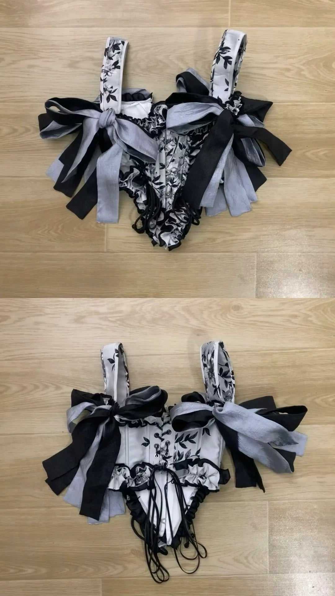 Black White Floral Bustier Midi Dress with Black Long Sleeve Inner Y2K Dress - tutufox - 