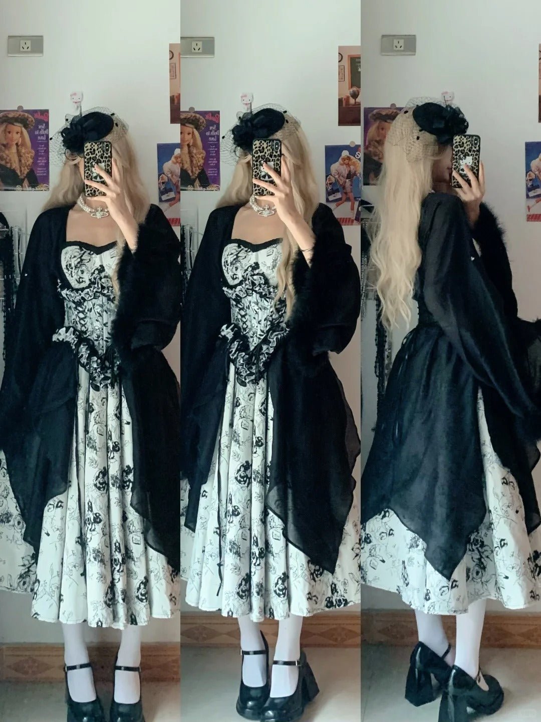 Black White Floral Bustier Midi Dress with Black Long Sleeve Inner Y2K Dress - tutufox - 