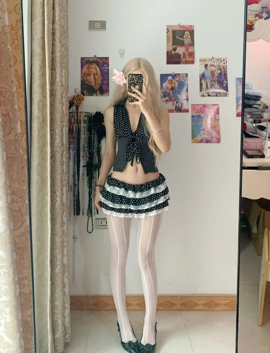 Black White Polka Dot Tie Top and Lace Layered Mini Skirt Y2K Two Piece Sets - tutufox - 