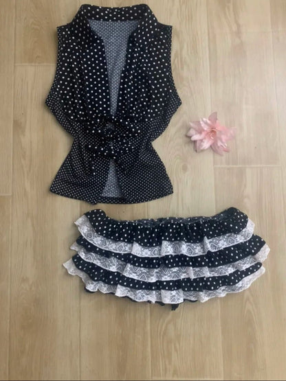 Black White Polka Dot Tie Top and Lace Layered Mini Skirt Y2K Two Piece Sets - tutufox - 