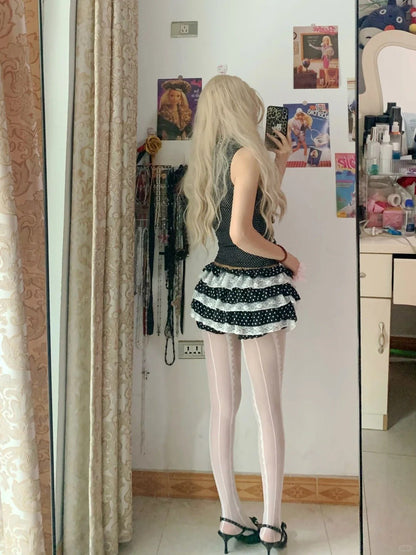 Black White Polka Dot Tie Top and Lace Layered Mini Skirt Y2K Two Piece Sets - tutufox - 