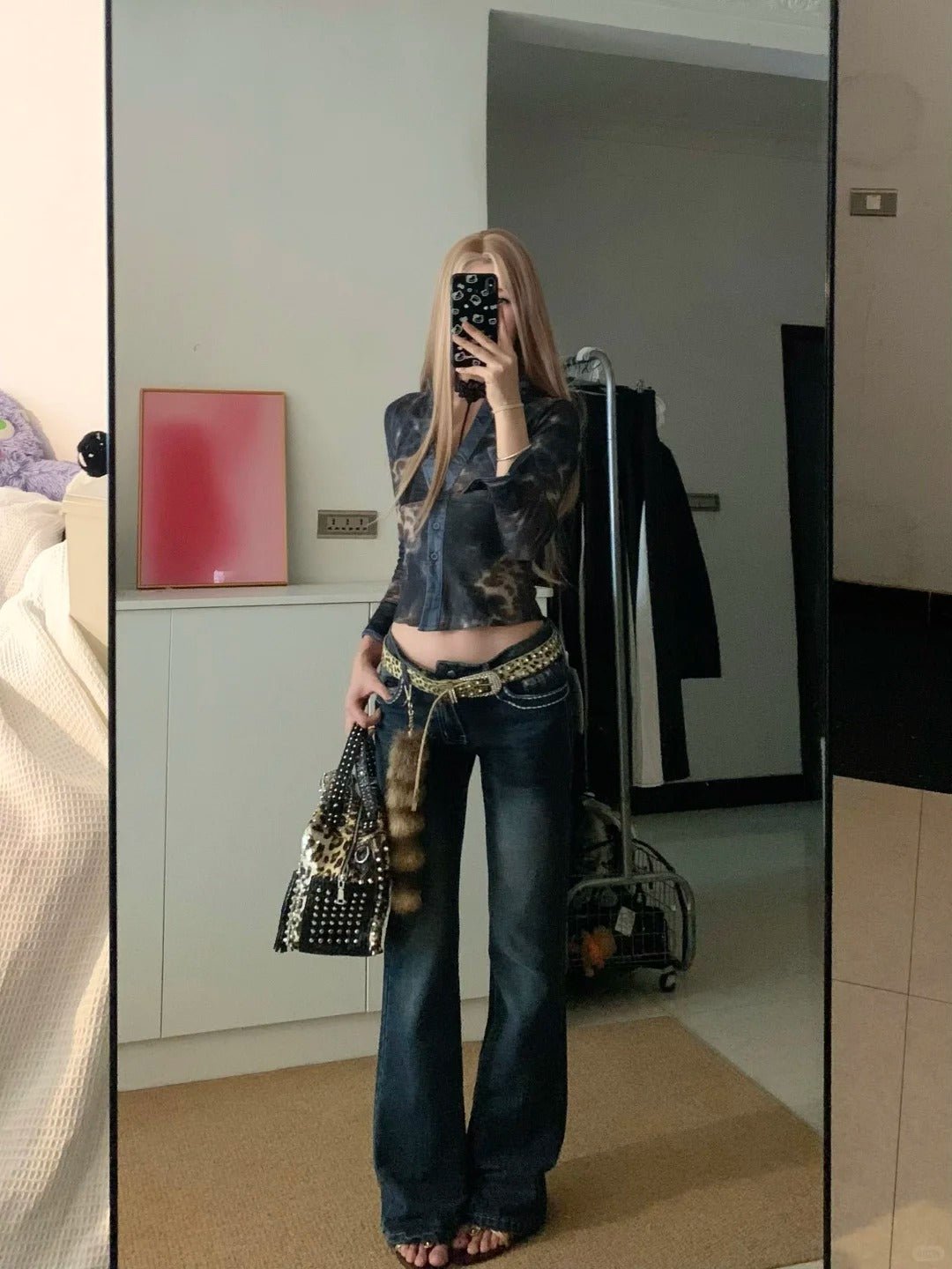 Blue Black Leopard Print Long Sleeve Crop Top and Dark Blue Flared Jeans Y2K Two Pieces Sets - tutufox - 