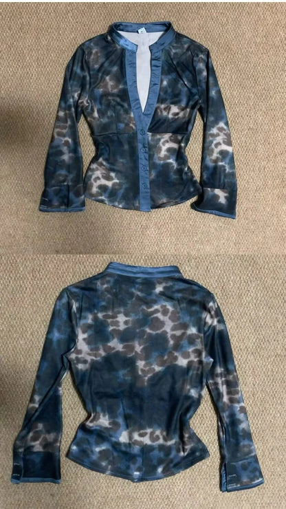 Blue Black Leopard Print Long Sleeve Crop Top and Dark Blue Flared Jeans Y2K Two Pieces Sets - tutufox - 