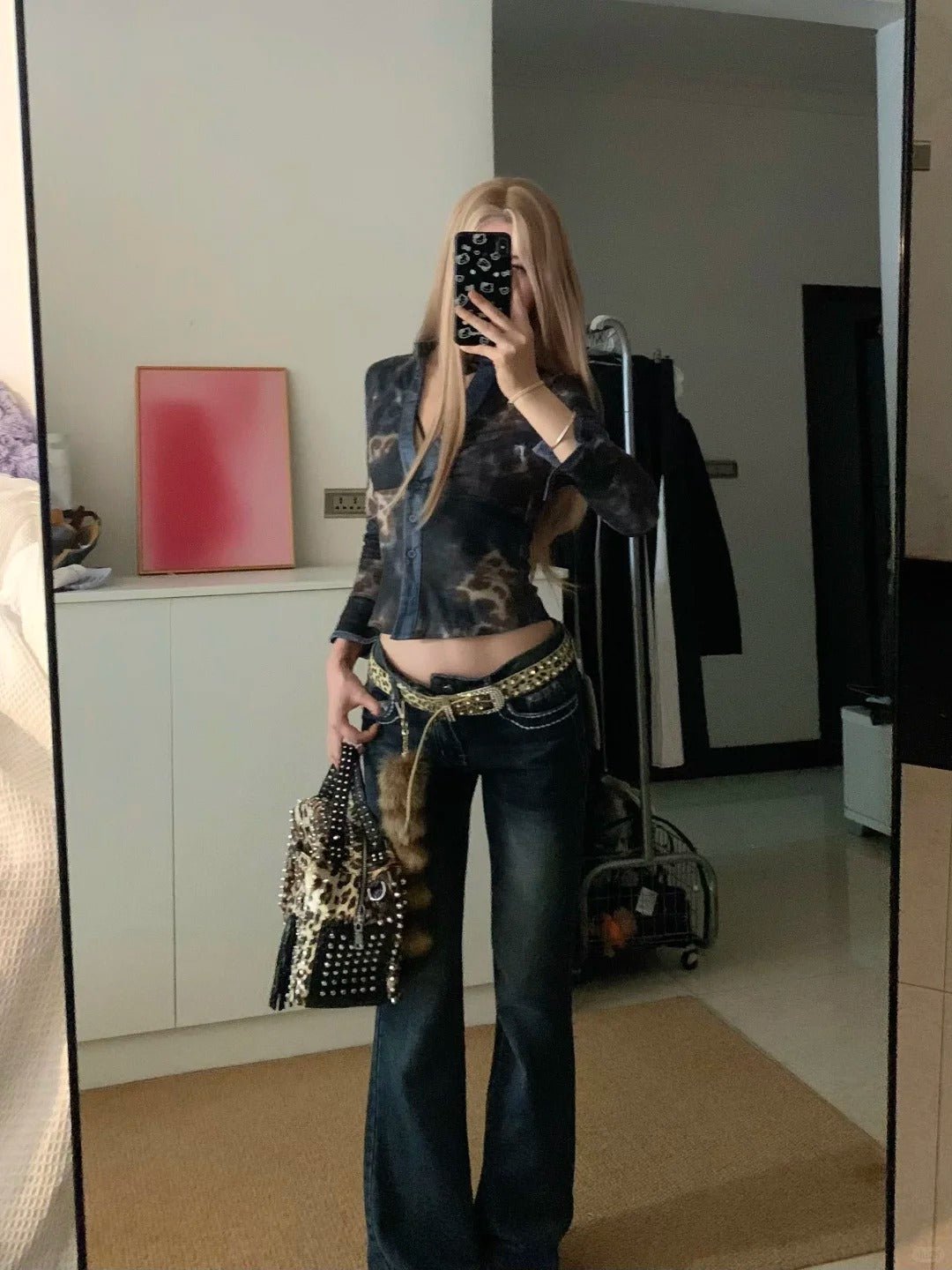 Blue Black Leopard Print Long Sleeve Crop Top and Dark Blue Flared Jeans Y2K Two Pieces Sets - tutufox - 