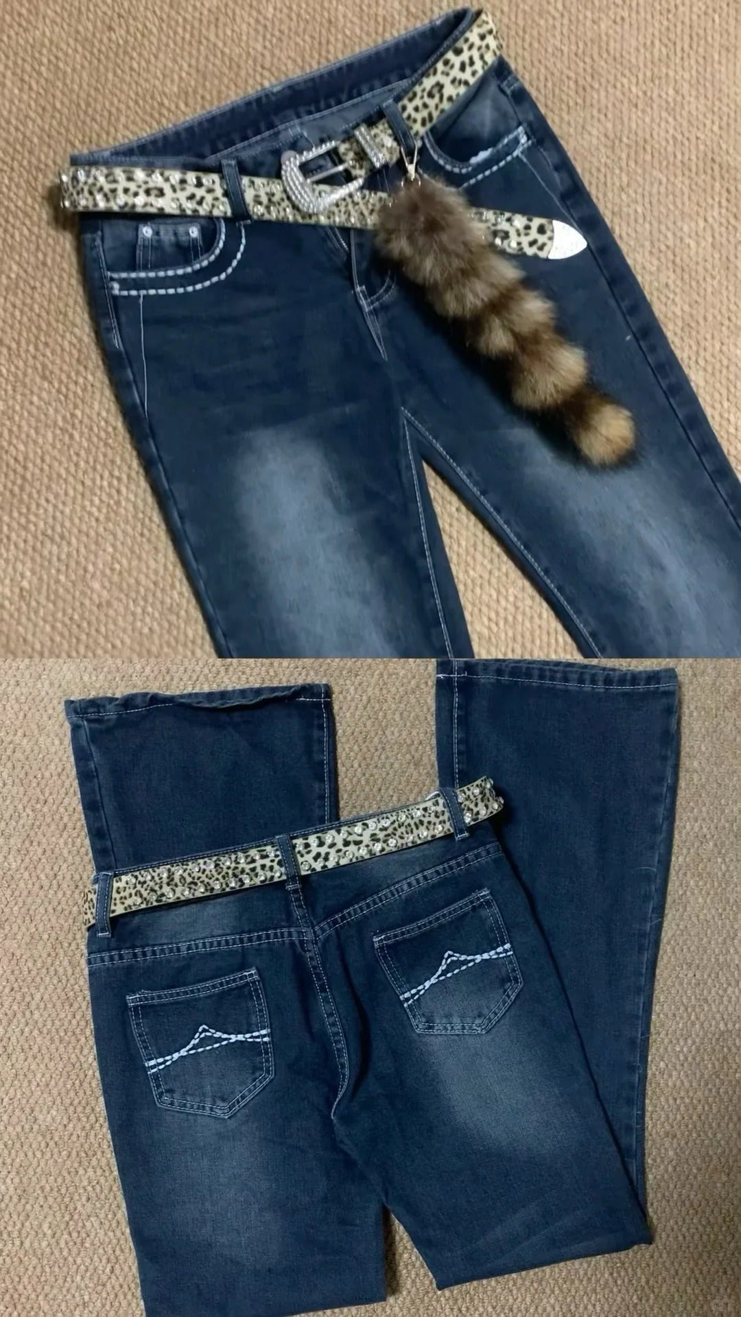 Blue Black Leopard Print Long Sleeve Crop Top and Dark Blue Flared Jeans Y2K Two Pieces Sets - tutufox - 