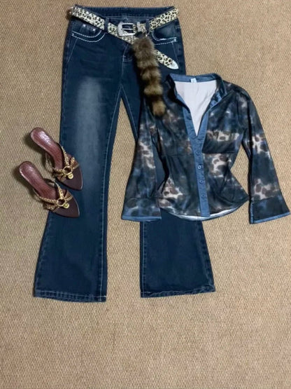 Blue Black Leopard Print Long Sleeve Crop Top and Dark Blue Flared Jeans Y2K Two Pieces Sets - tutufox - 