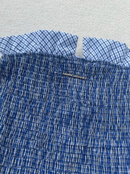Blue Plaid Off - The - Shoulder Long - Sleeve Puff Mini Dress - tutufox - 