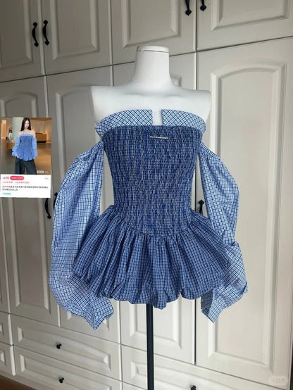 Blue Plaid Off - The - Shoulder Long - Sleeve Puff Mini Dress - tutufox - 