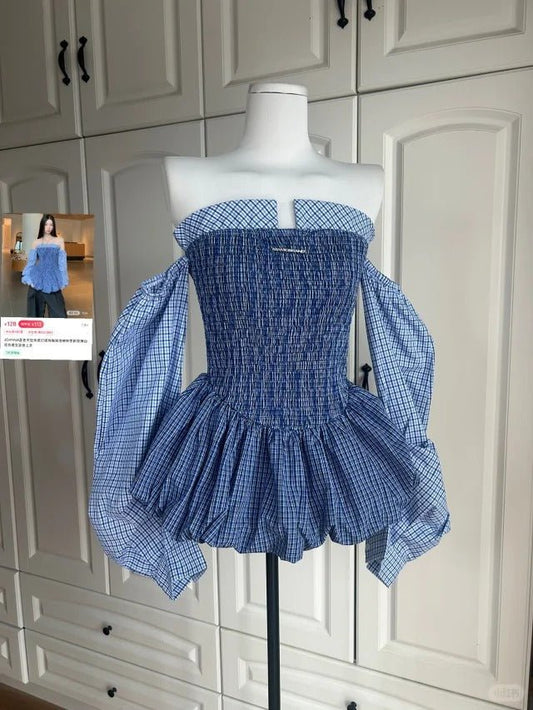 Blue Plaid Off - The - Shoulder Long - Sleeve Puff Mini Dress - tutufox - 