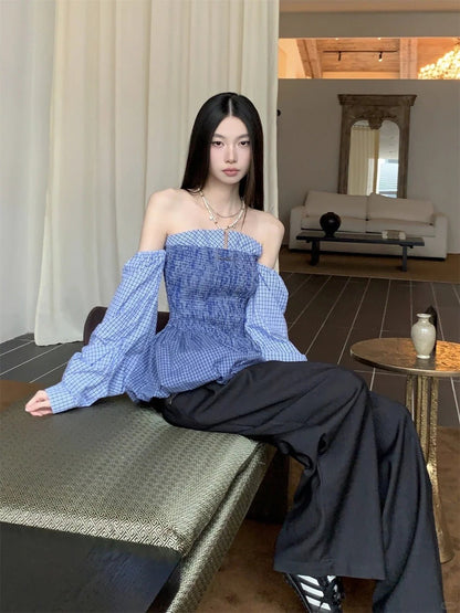 Blue Plaid Off - The - Shoulder Long - Sleeve Puff Mini Dress - tutufox - 
