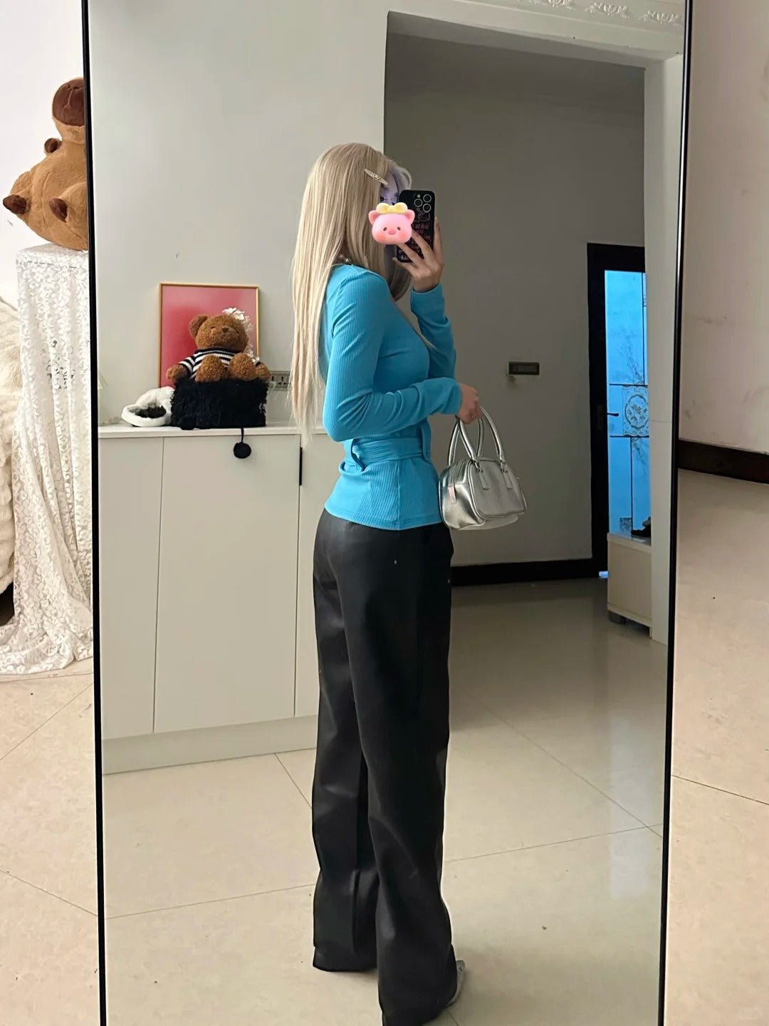 Blue Tie Top with Black Fur Vest and Leather Pants Y2K Outfit - tutufox - 