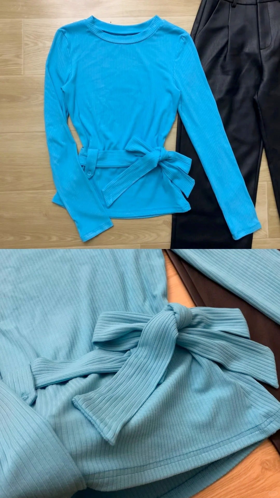 Blue Tie Top with Black Fur Vest and Leather Pants Y2K Outfit - tutufox - 