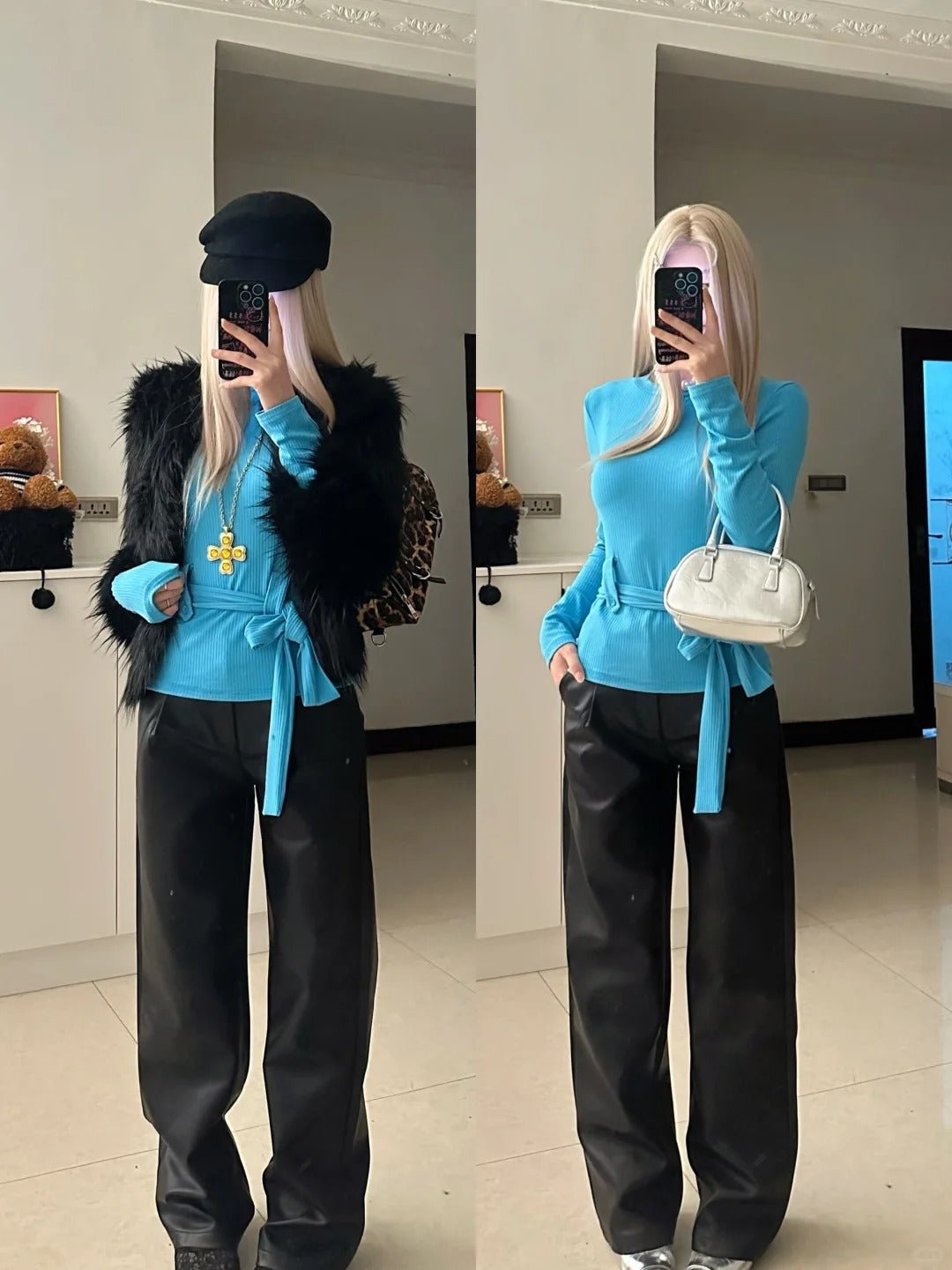 Blue Tie Top with Black Fur Vest and Leather Pants Y2K Outfit - tutufox - 