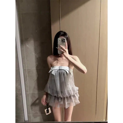 Blue Tulle Bow Tube - Top Soft Sweet Waist - Cinched A - Line Summer Mini Dress - tutufox - 