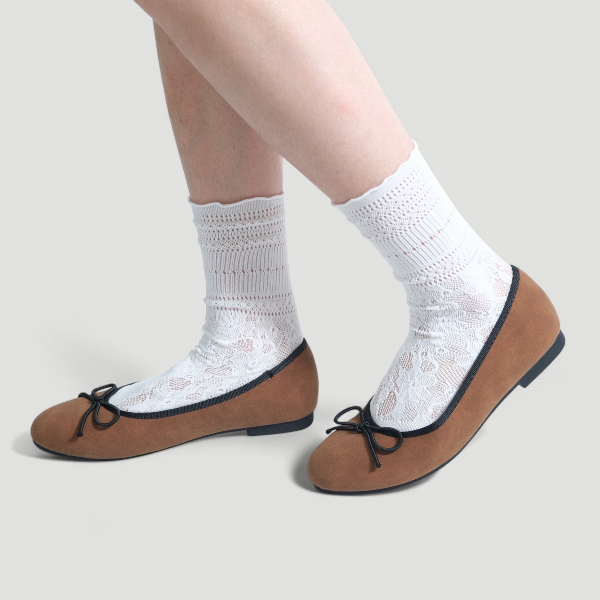 brown almond toe ballet bow flats model walking  