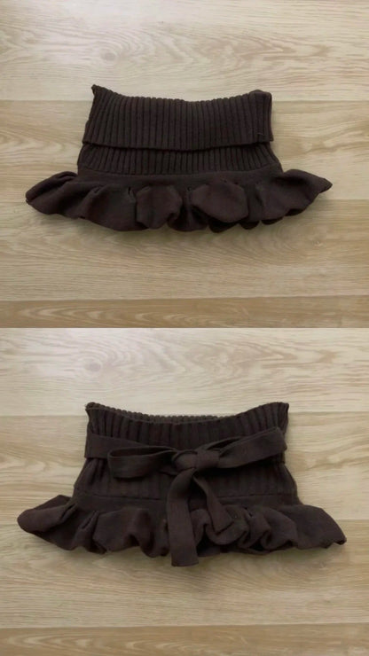 Brown Knit Tube Top and Ruffle Skirt Y2K Outfit - tutufox - 