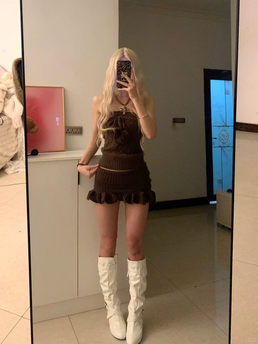 Brown Knit Tube Top and Ruffle Skirt Y2K Outfit - tutufox - 