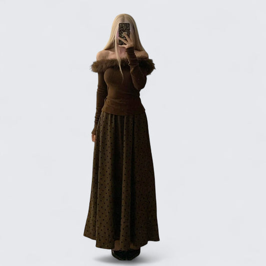 Brown Off - Shoulder Fur Top with Polka Maxi Skirt Y2K Two - Piece - tutufox - 