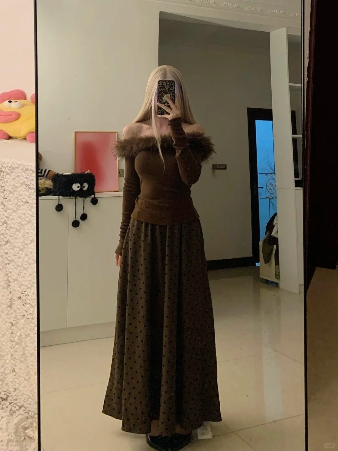 Brown Off - Shoulder Fur Top with Polka Maxi Skirt Y2K Two - Piece - tutufox - 