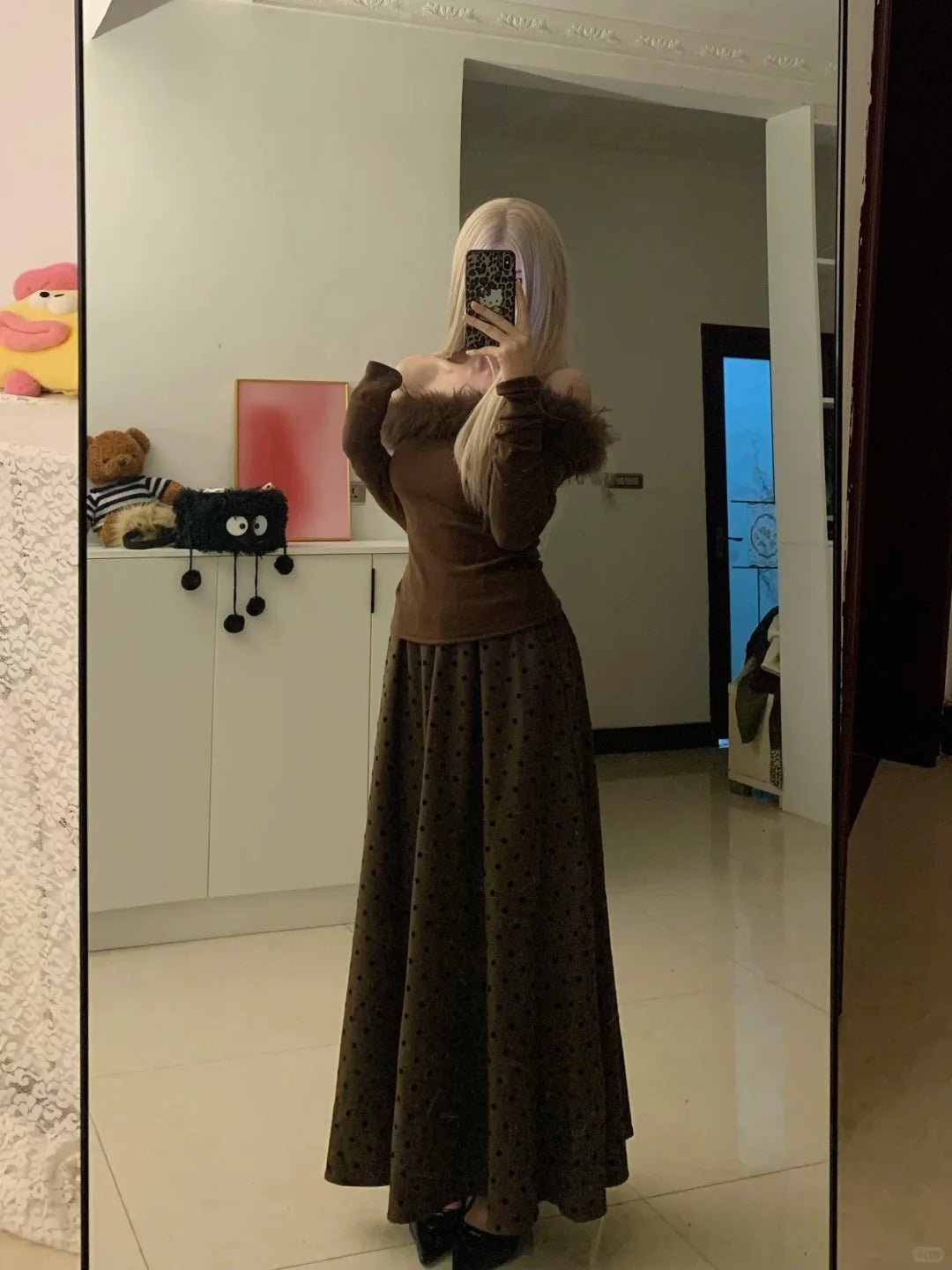 Brown Off - Shoulder Fur Top with Polka Maxi Skirt Y2K Two - Piece - tutufox - 