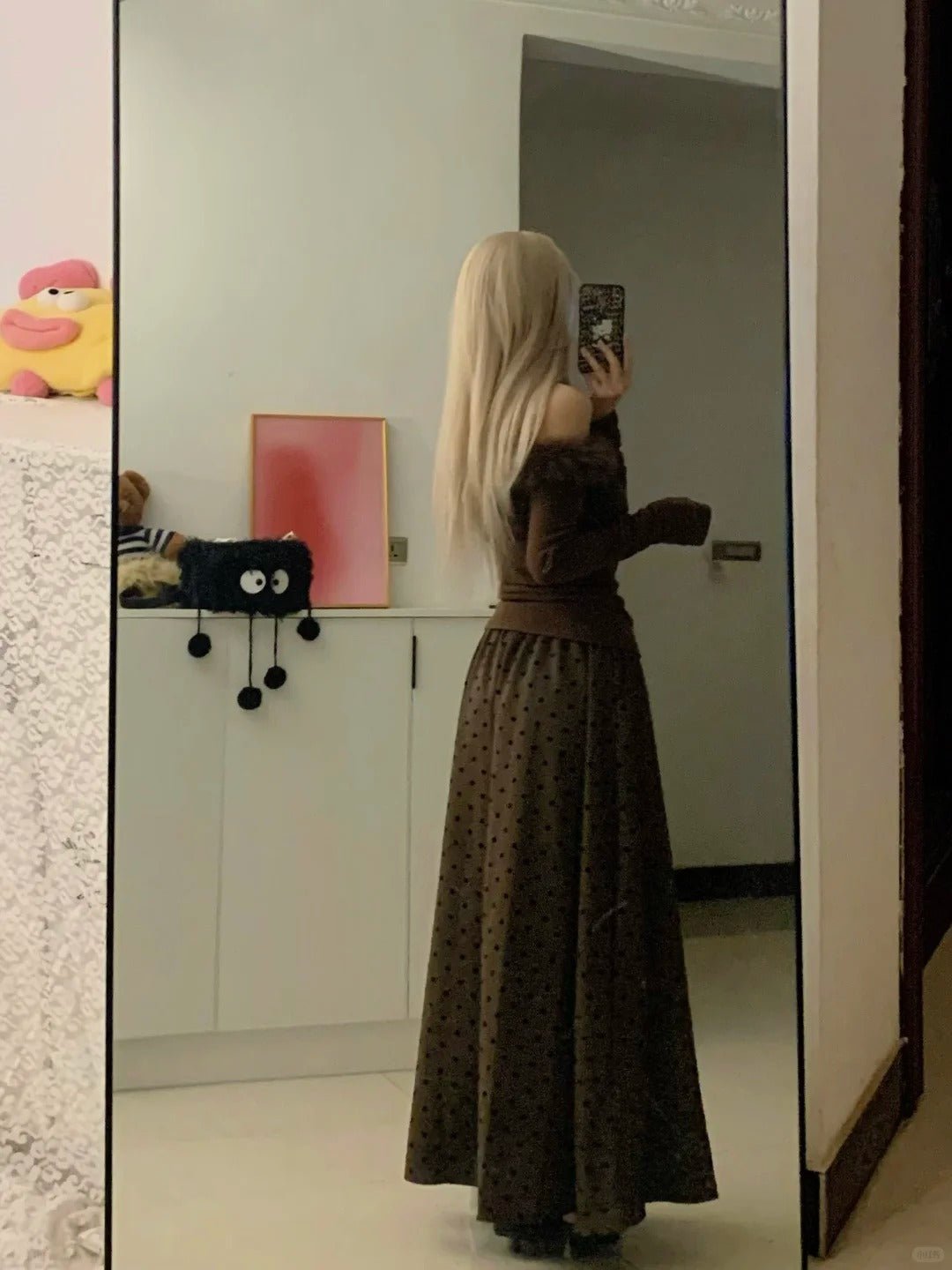 Brown Off - Shoulder Fur Top with Polka Maxi Skirt Y2K Two - Piece - tutufox - 