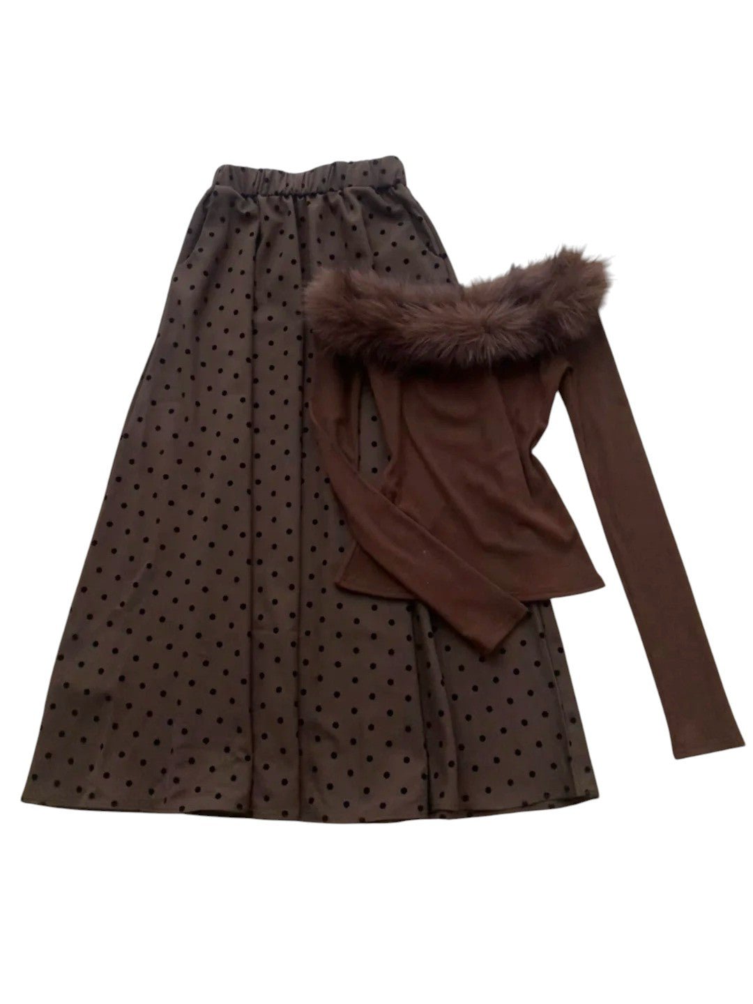Brown Off - Shoulder Fur Top with Polka Maxi Skirt Y2K Two - Piece - tutufox - 