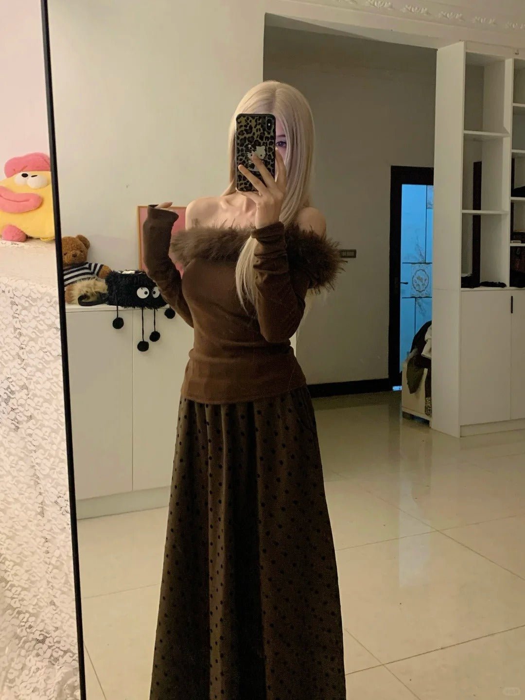 Brown Off - Shoulder Fur Top with Polka Maxi Skirt Y2K Two - Piece - tutufox - 