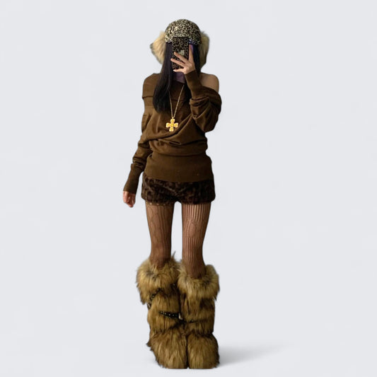 Brown Off - Shoulder Top and Leopard Shorts Y2K Outfit - tutufox - 