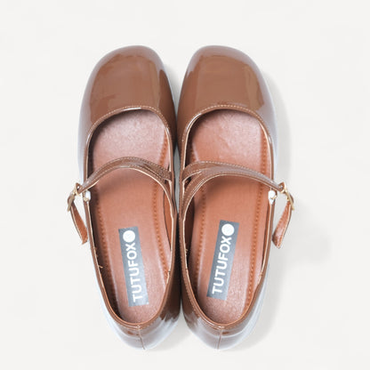 Brown Patent Mary Jane Buckle Strap Flats - tutufox - shoes